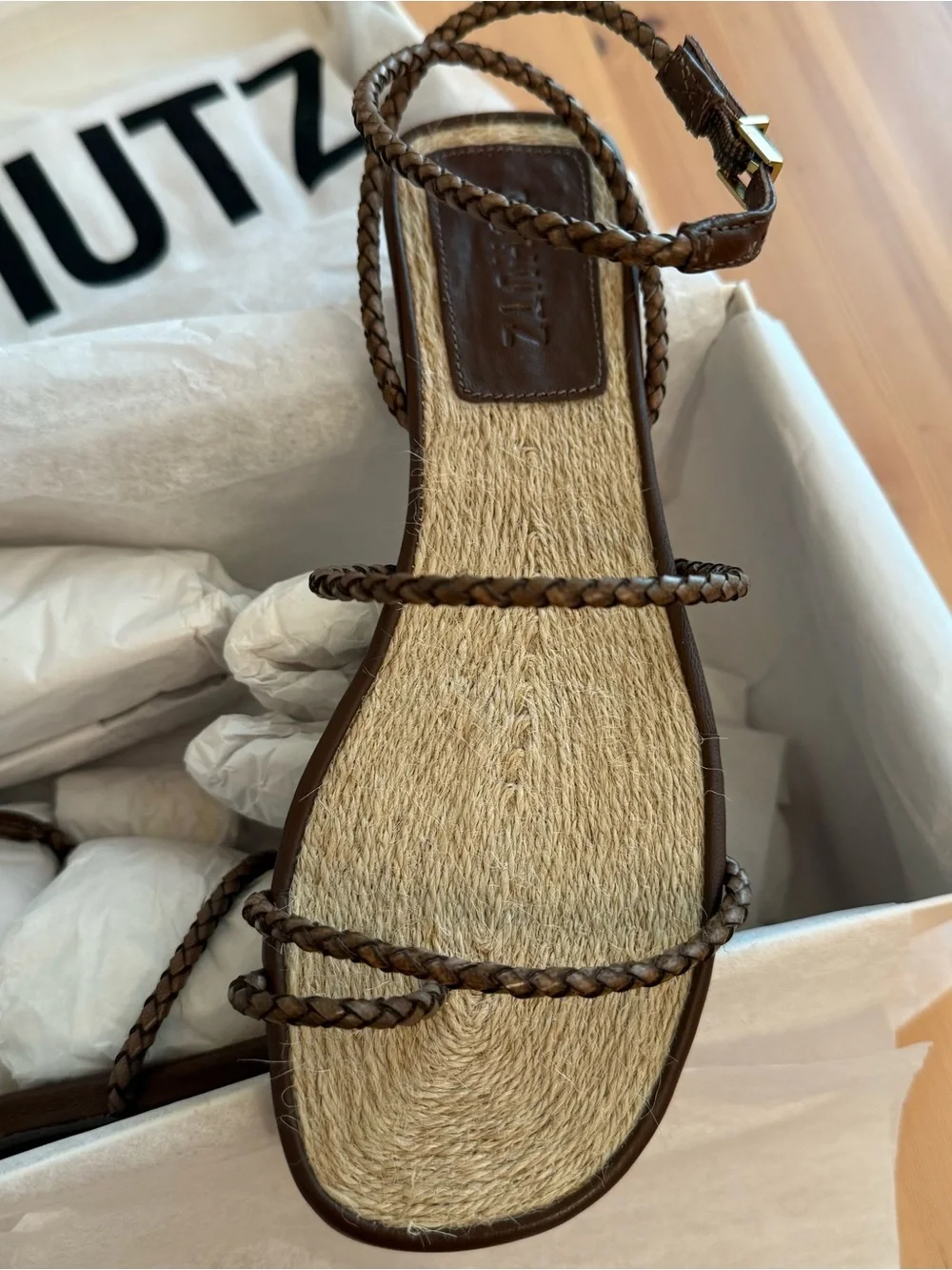 NIB Schutz Brown Kaya Ankle Strap Straw Flat Sandal Size 6 boho resort cottage - Picture 1 of 9